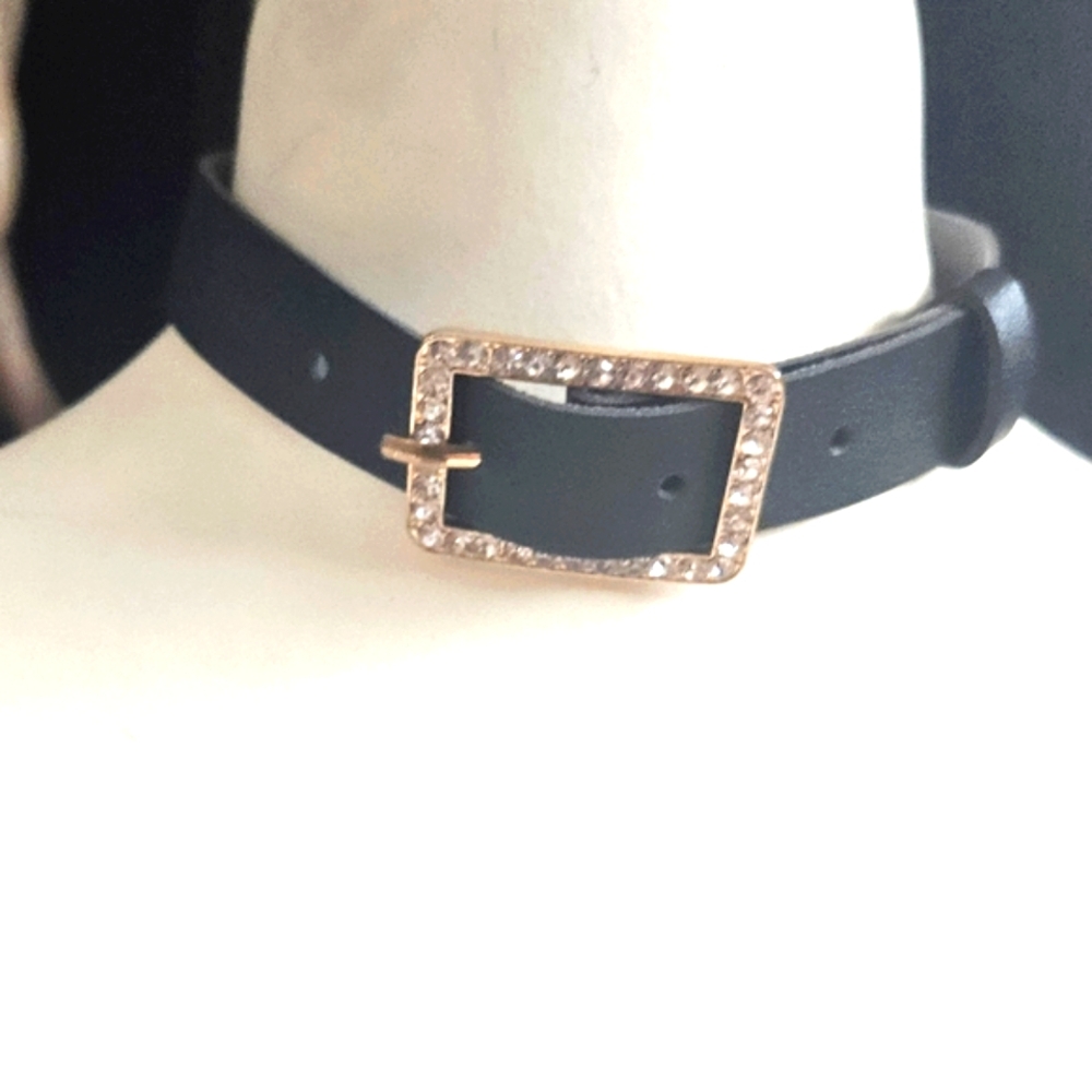 Dolls Kill Gothic Black Leather Choker with Gold Rhinestone Choker Necklace